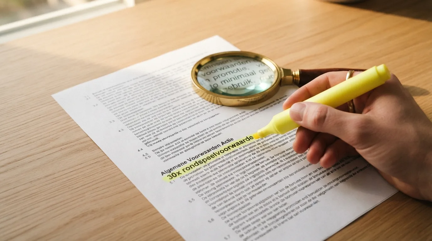 Een vergrootglas boven de kleine lettertjes van een bonusvoorwaarden-pagina, met een markeerstift op de regel “30x rondspeelvoorwaarde”