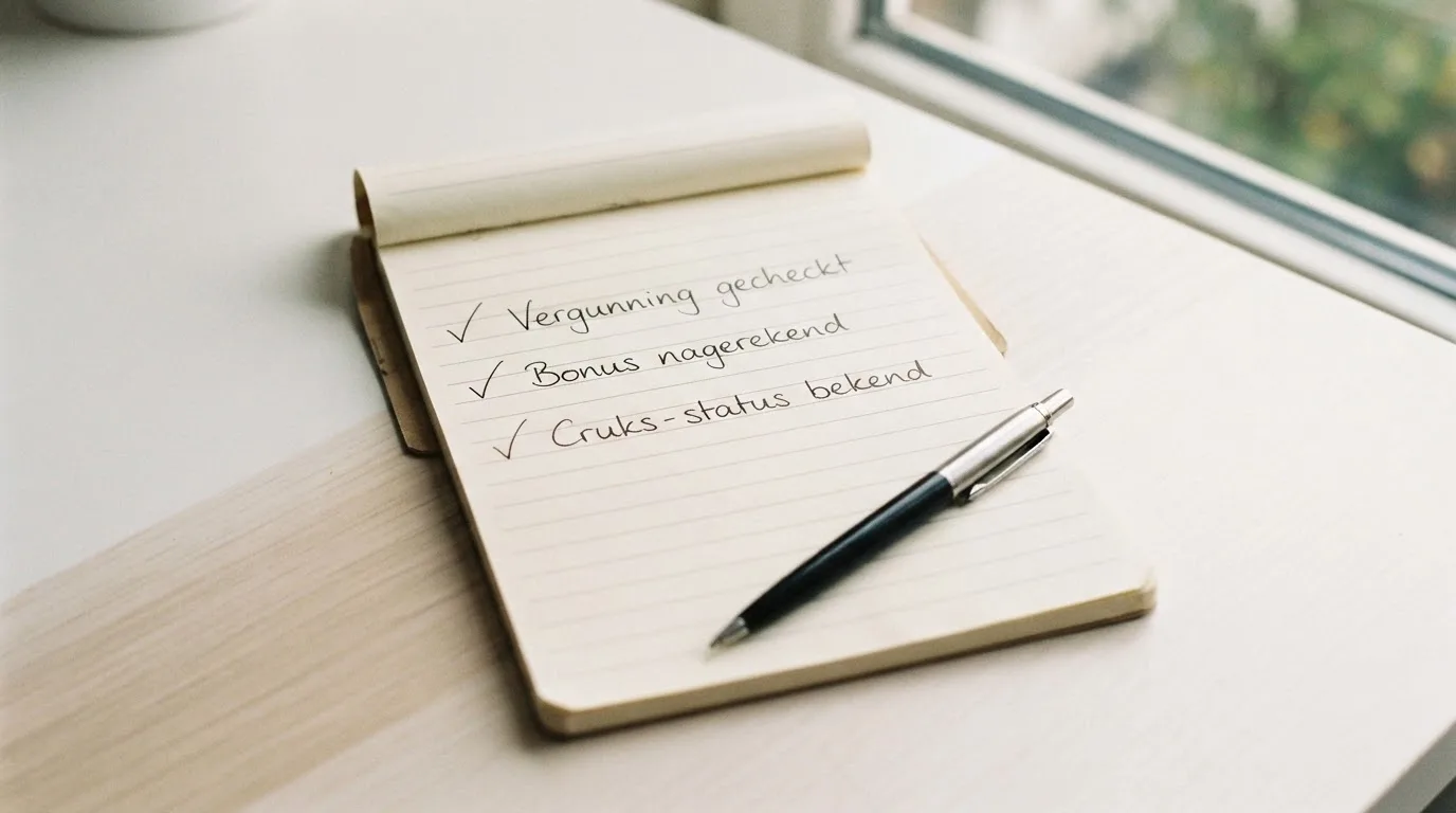 Een notitieblok met drie afgevinkte items — “Vergunning gecheckt”, “Bonus nagerekend”, “Cruks-status bekend” — met een pen ernaast